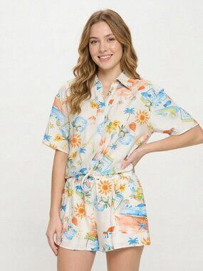 Resort Print 2 Piece Set Button Down Shirt and Shorts
